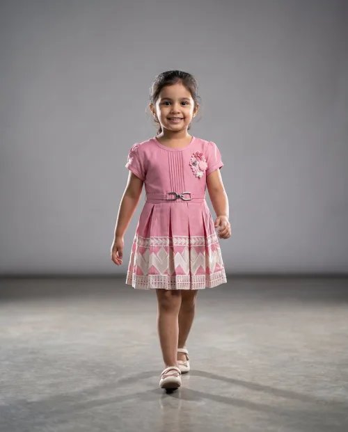 Girls Onion-Pink Pleated Belted Dress