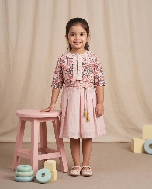 Girls Peach Geometric-Print Jacket & Skirt Set