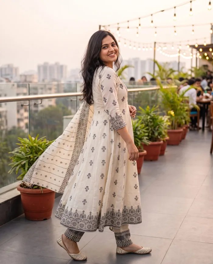 Off White Block Print Anarkali Set