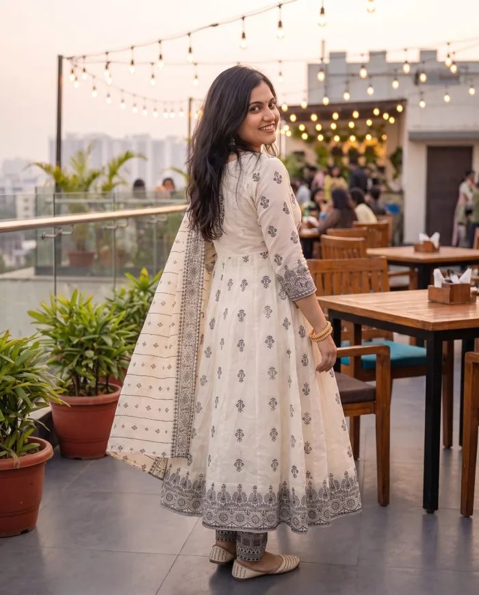 Off White Block Print Anarkali Set
