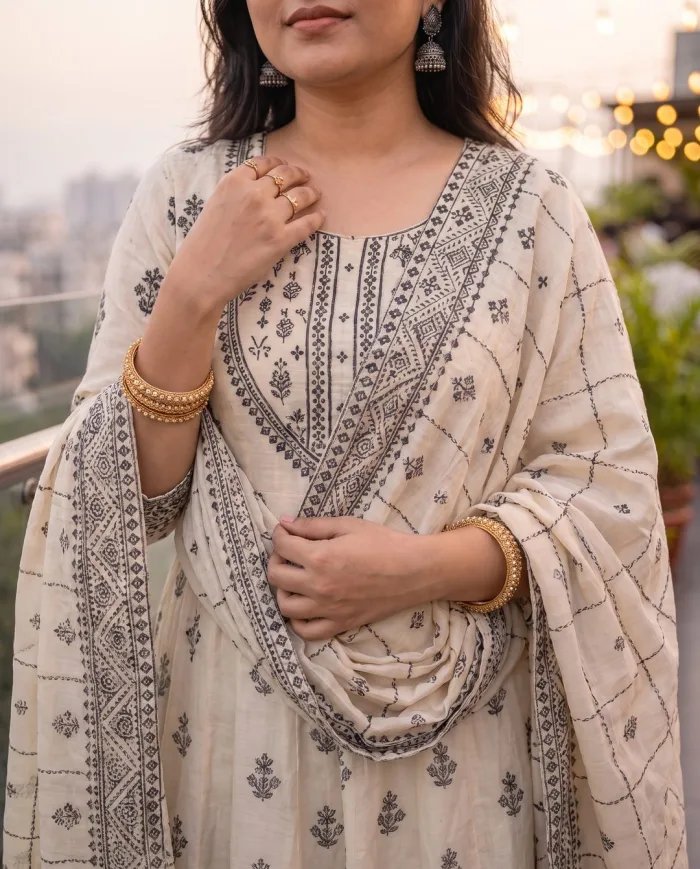Off White Block Print Anarkali Set