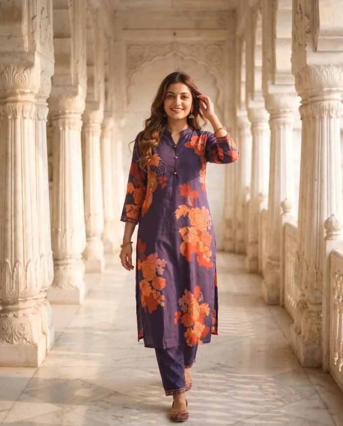 Deep Purple Floral Print Kurti Set