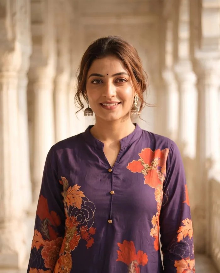 Deep Purple Floral Print Kurti Set