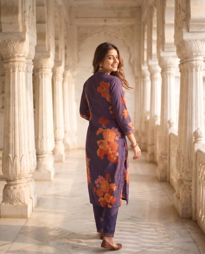 Deep Purple Floral Print Kurti Set