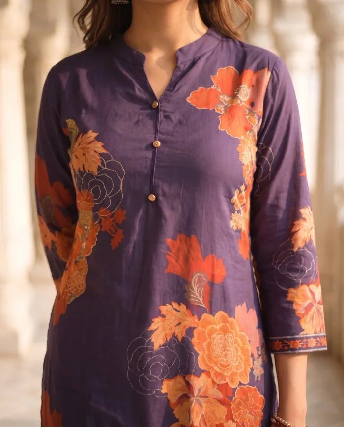 Deep Purple Floral Print Kurti Set