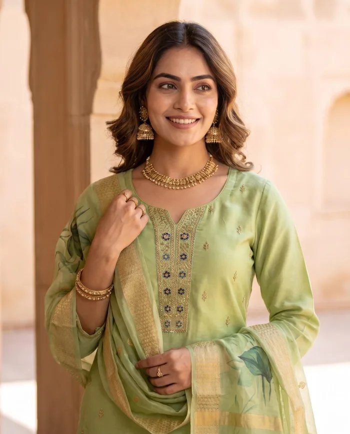 Pista Green Zari Buti Suit Set