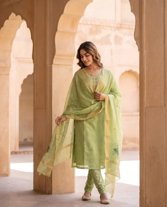 Pista Green Zari Buti Suit Set