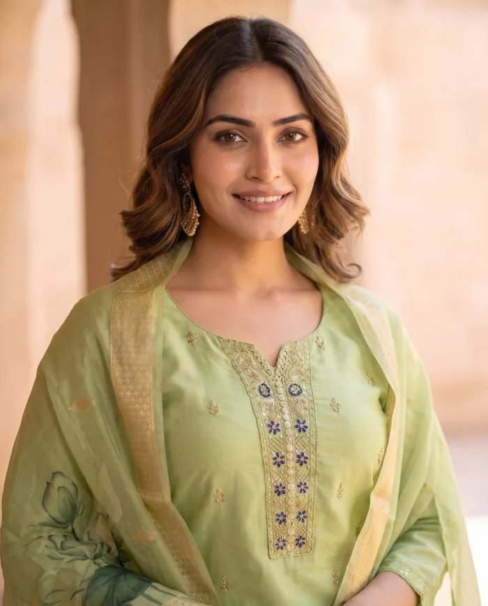 Pista Green Zari Buti Suit Set