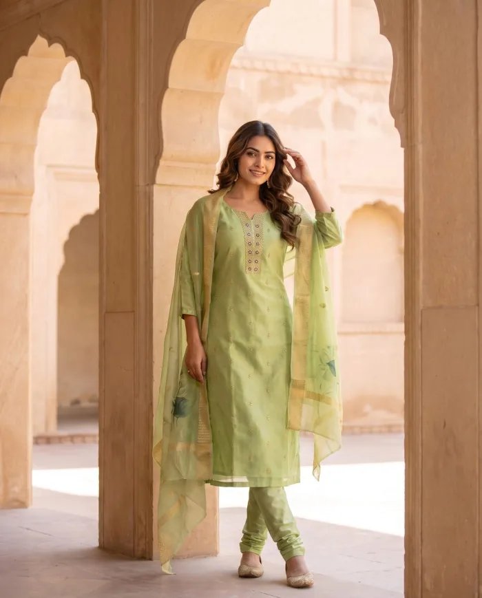 Pista Green Zari Buti Suit Set