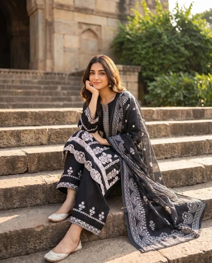 Black Floral Kurta Palazzo Set