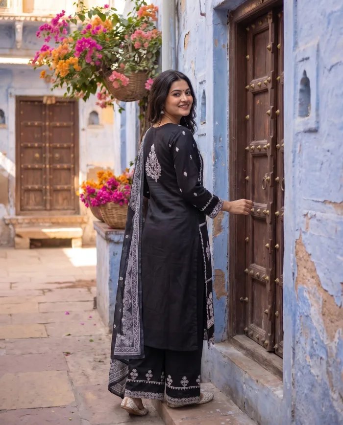 Black Floral Kurta Palazzo Set