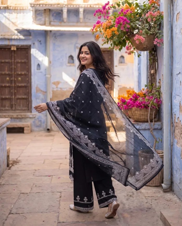 Black Floral Kurta Palazzo Set
