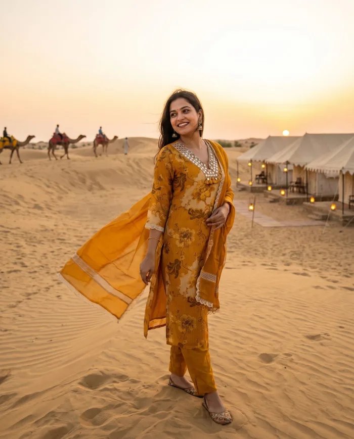 Mustard Floral Mirror-Work Kurta Set