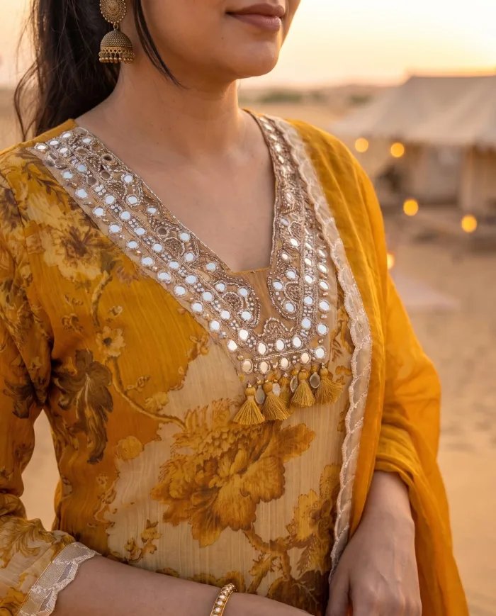 Mustard Floral Mirror-Work Kurta Set