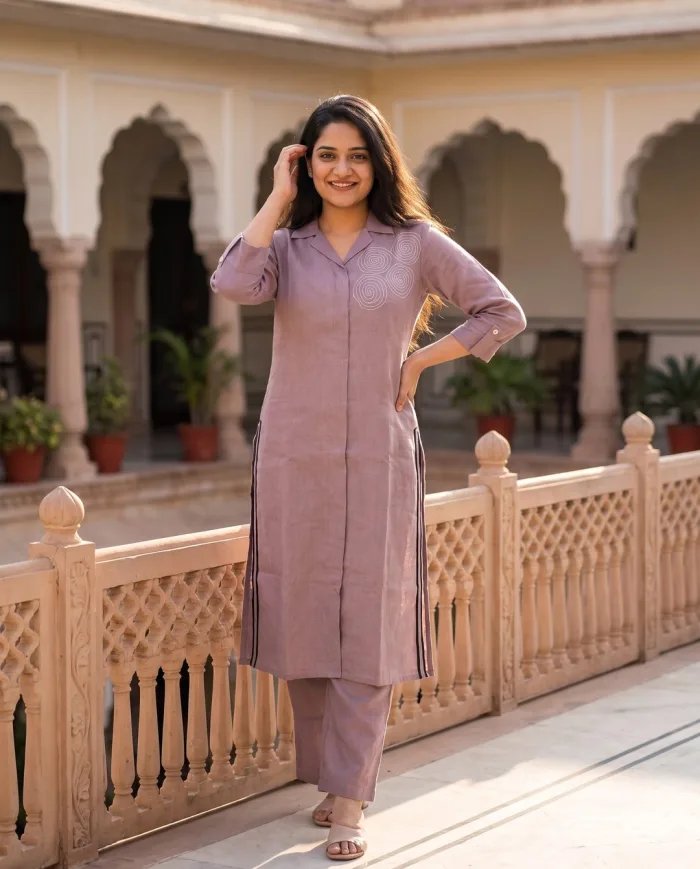 Mauve Spiral Embroidered Kurta Pant Set