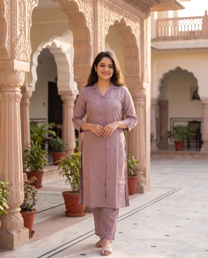 Mauve Spiral Embroidered Kurta Pant Set