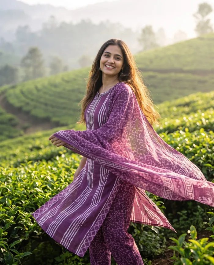 Purple Printed Straight Suit Set