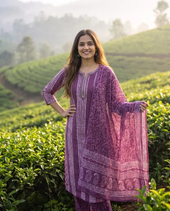 Purple Printed Straight Suit Set