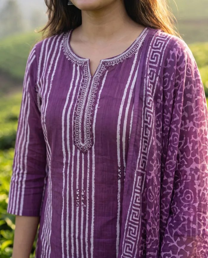 Purple Printed Straight Suit Set