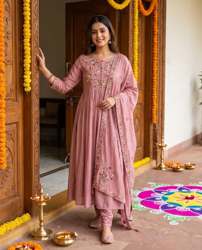 Onion Pink Embroidered Suit Set