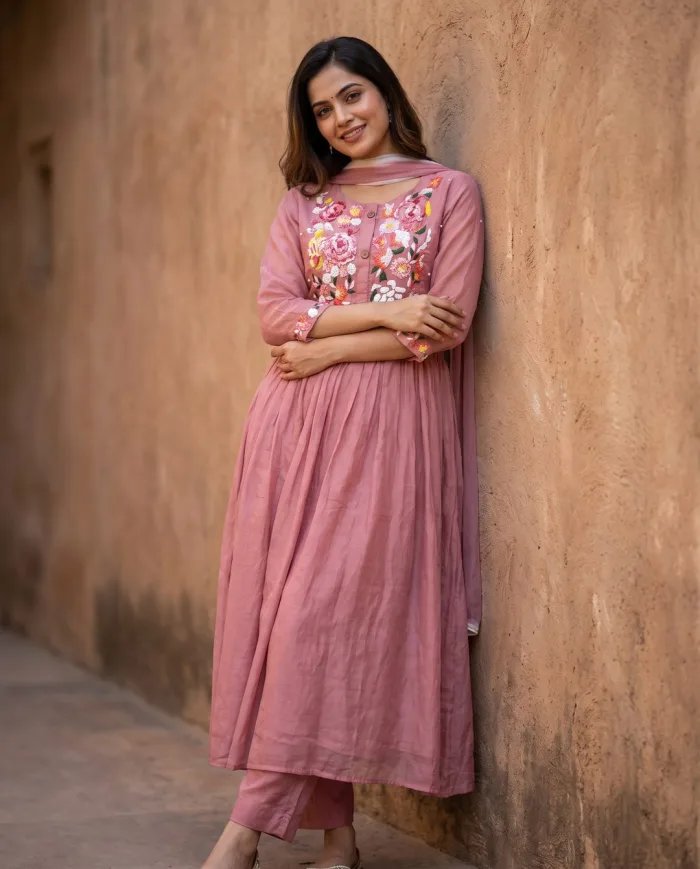 Onion Pink Embroidered Suit Set