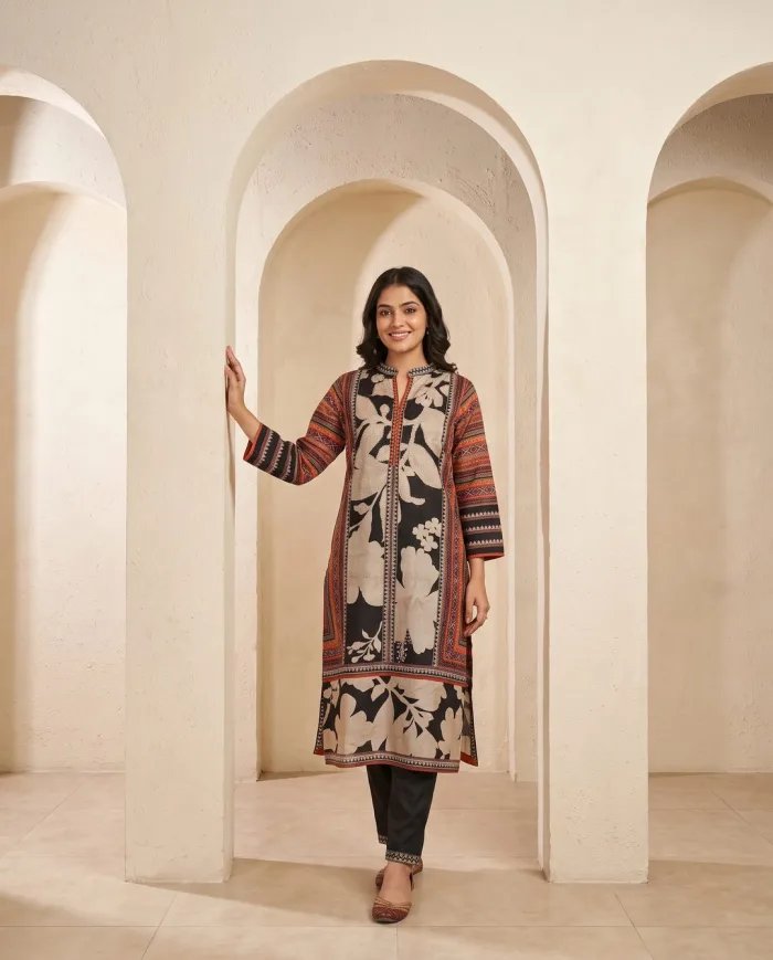 Black & Beige Floral Print Suit Set