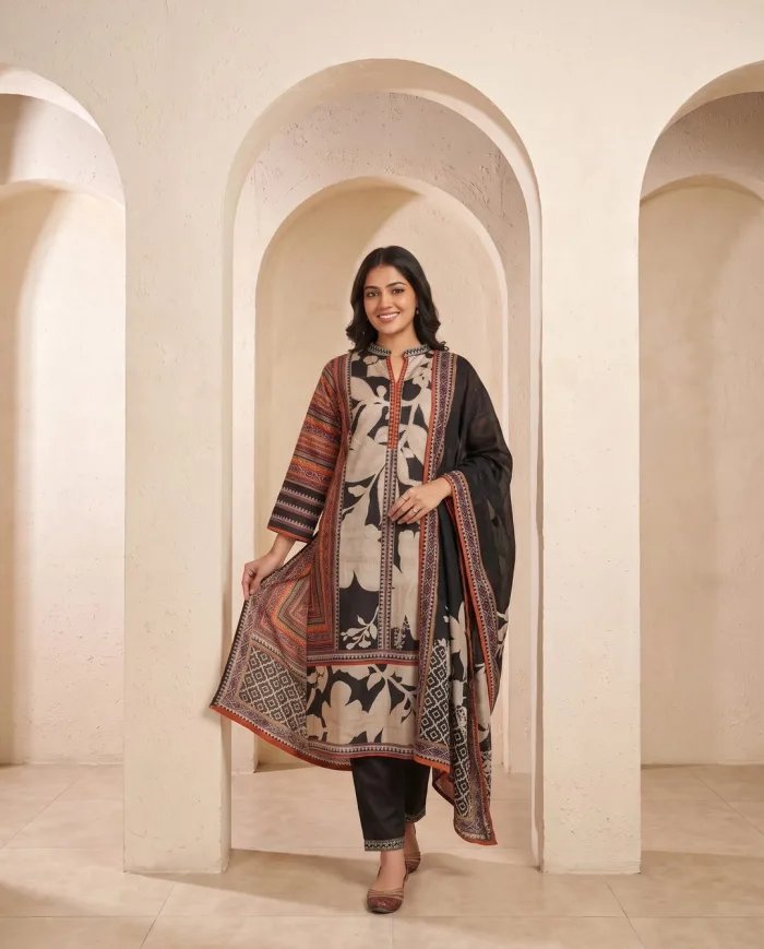 Black & Beige Floral Print Suit Set