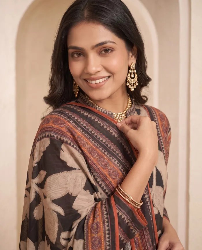 Black & Beige Floral Print Suit Set