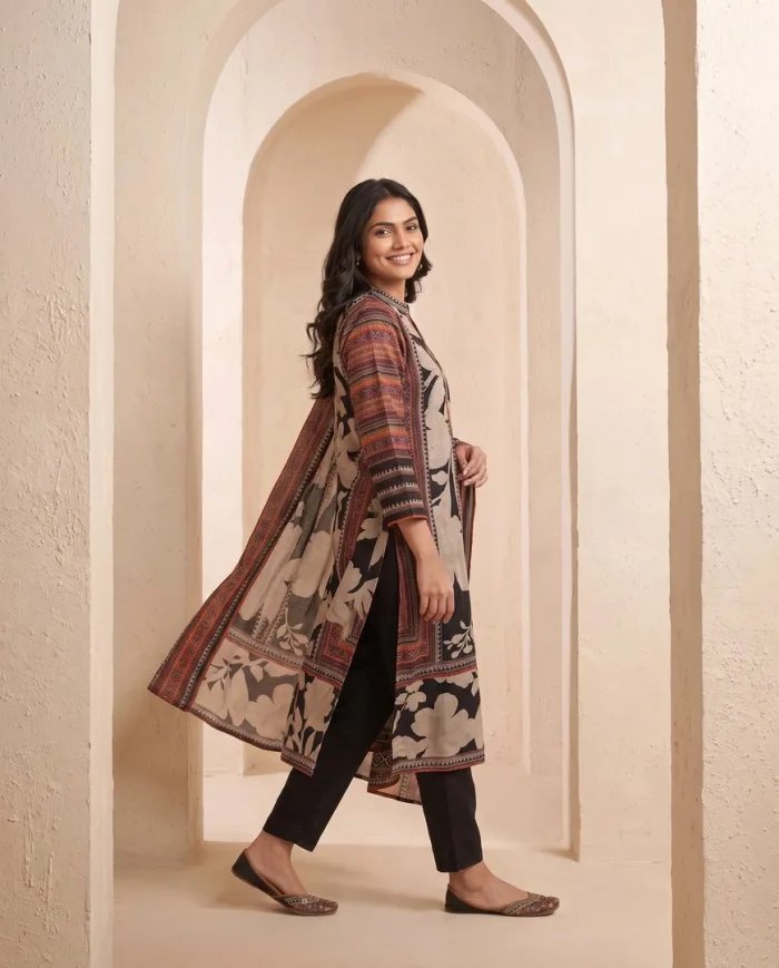 Black & Beige Floral Print Suit Set