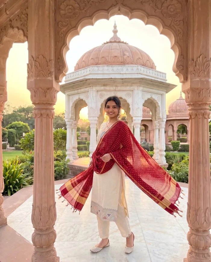 Cream Embroidered Kurta Set with Maroon Bandhani Dupatta