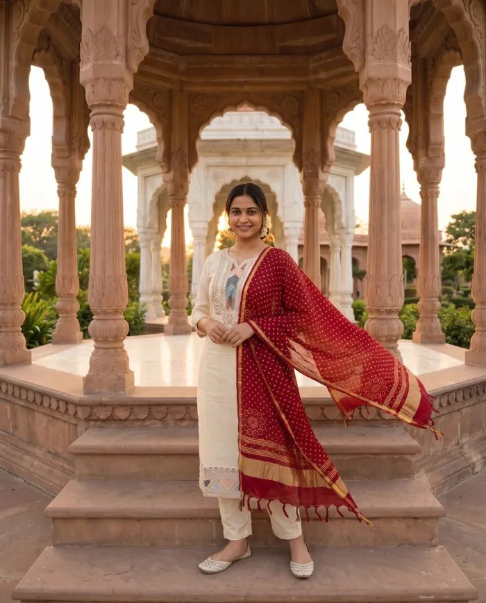 Cream Embroidered Kurta Set with Maroon Bandhani Dupatta