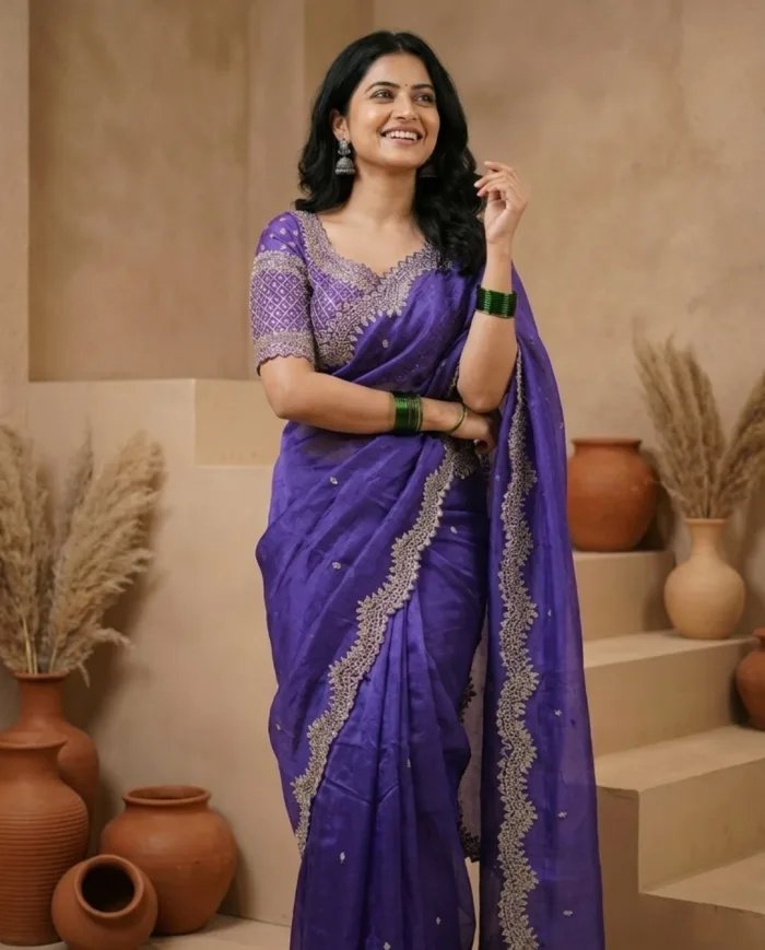 Kora Silk Hand-Embroidered Pitta-Work Saree