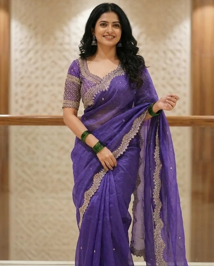 Kora Silk Hand-Embroidered Pitta-Work Saree