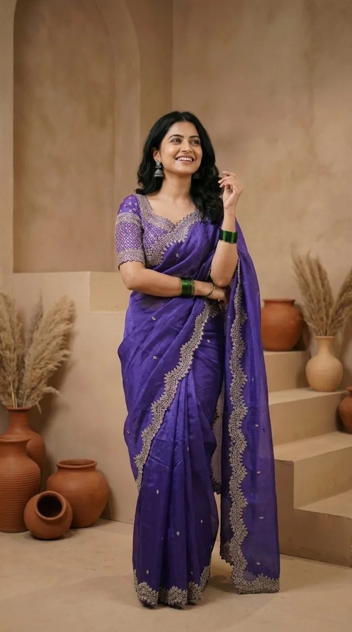 Kora Silk Hand-Embroidered Pitta-Work Saree