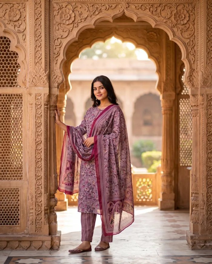 Mauve Floral-Print Kurta Set with Dupatta
