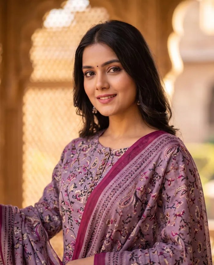 Mauve Floral-Print Kurta Set with Dupatta