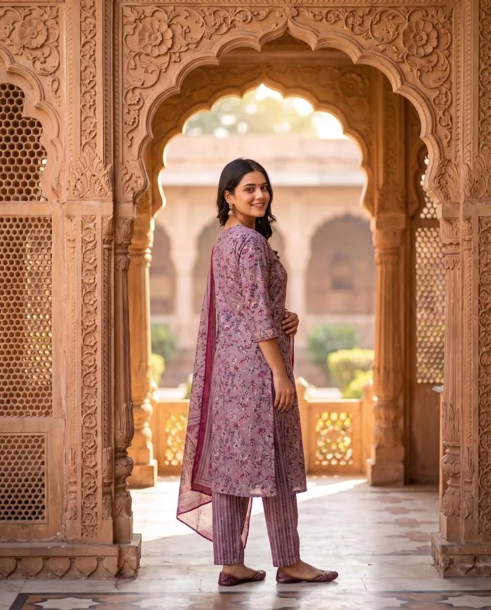 Mauve Floral-Print Kurta Set with Dupatta