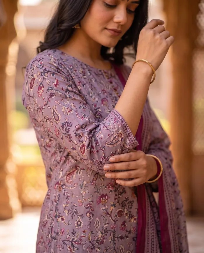 Mauve Floral-Print Kurta Set with Dupatta