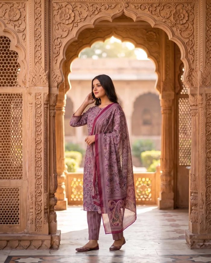 Mauve Floral-Print Kurta Set with Dupatta