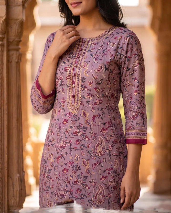 Mauve Floral-Print Kurta Set with Dupatta