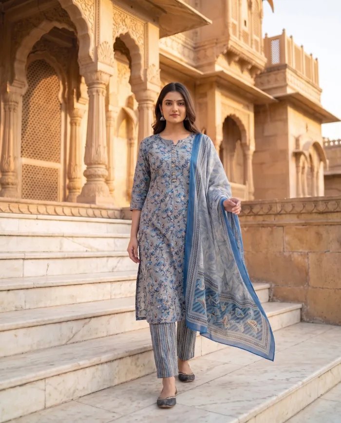 Blue & Grey Floral-Print Kurta Set with Dupatta