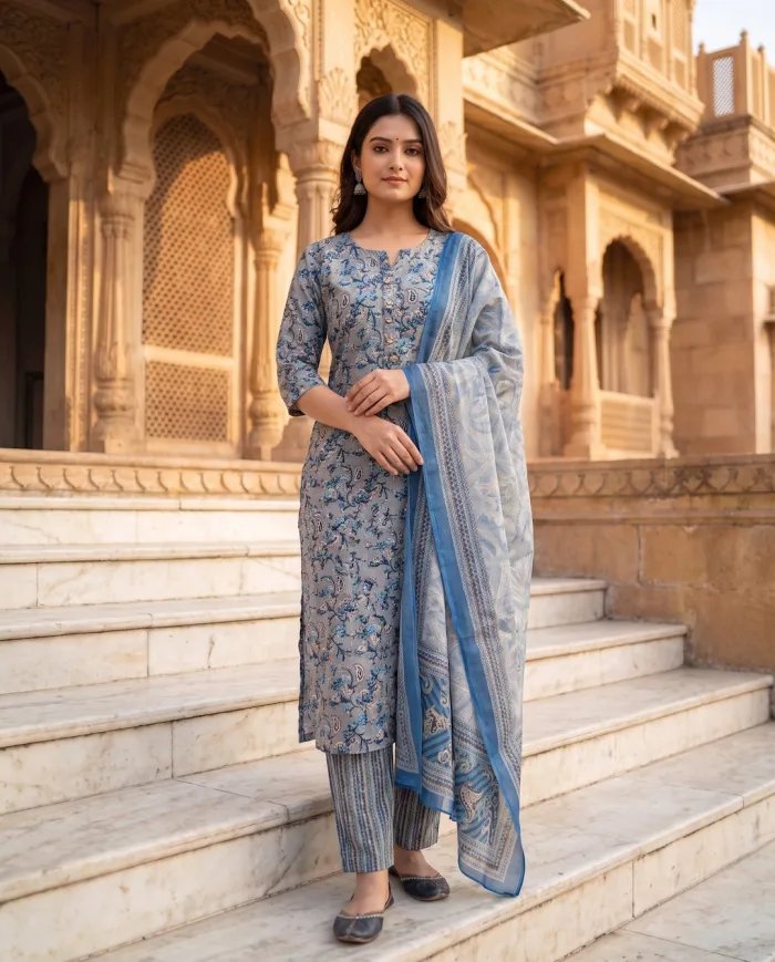 Blue & Grey Floral-Print Kurta Set with Dupatta