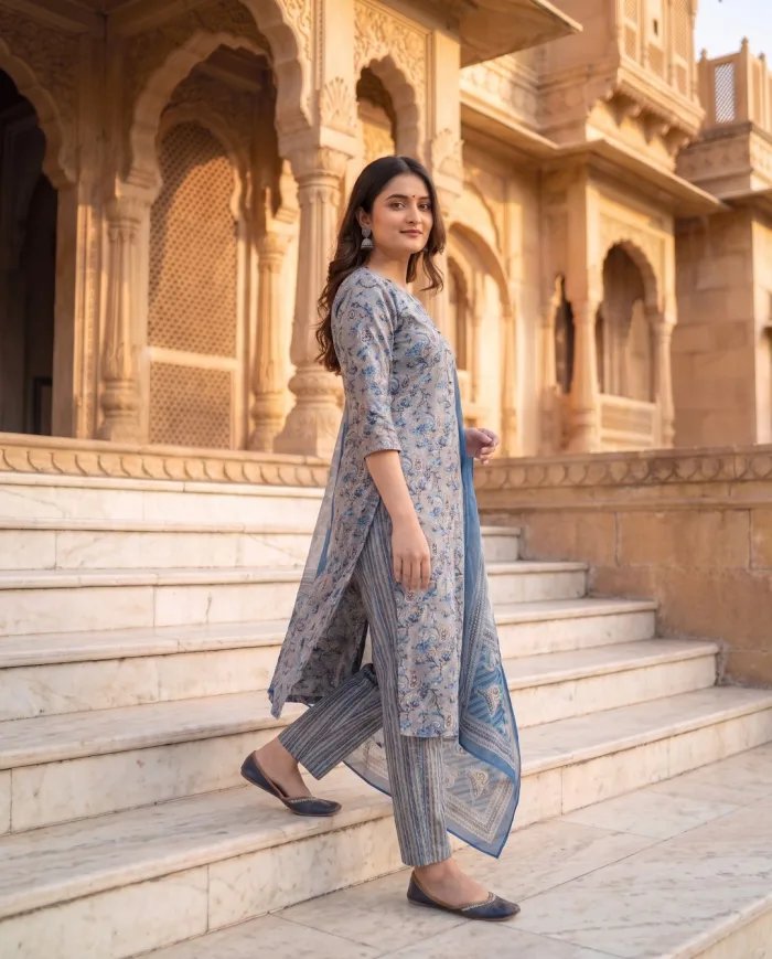 Blue & Grey Floral-Print Kurta Set with Dupatta