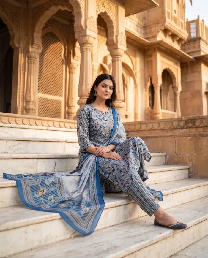 Blue & Grey Floral-Print Kurta Set with Dupatta