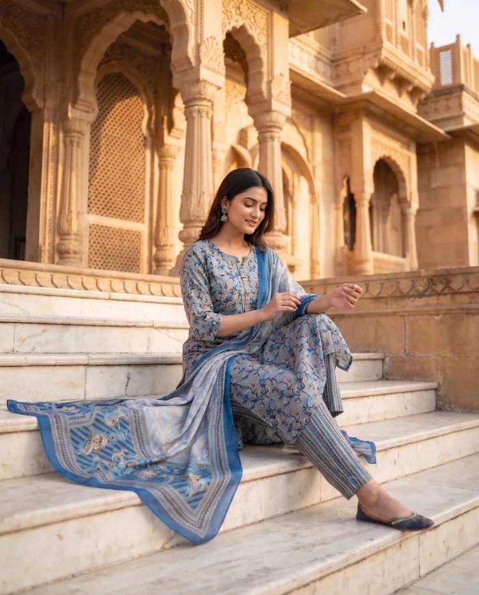 Blue & Grey Floral-Print Kurta Set with Dupatta