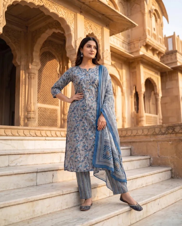 Blue & Grey Floral-Print Kurta Set with Dupatta