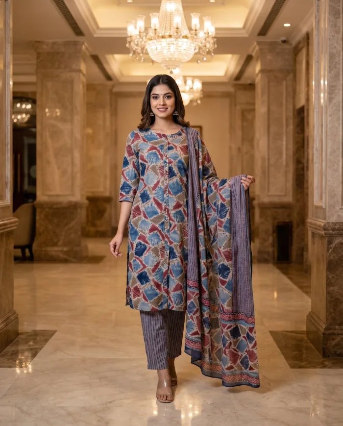Blue & Maroon Abstract-Print Kurta Set with Dupatta