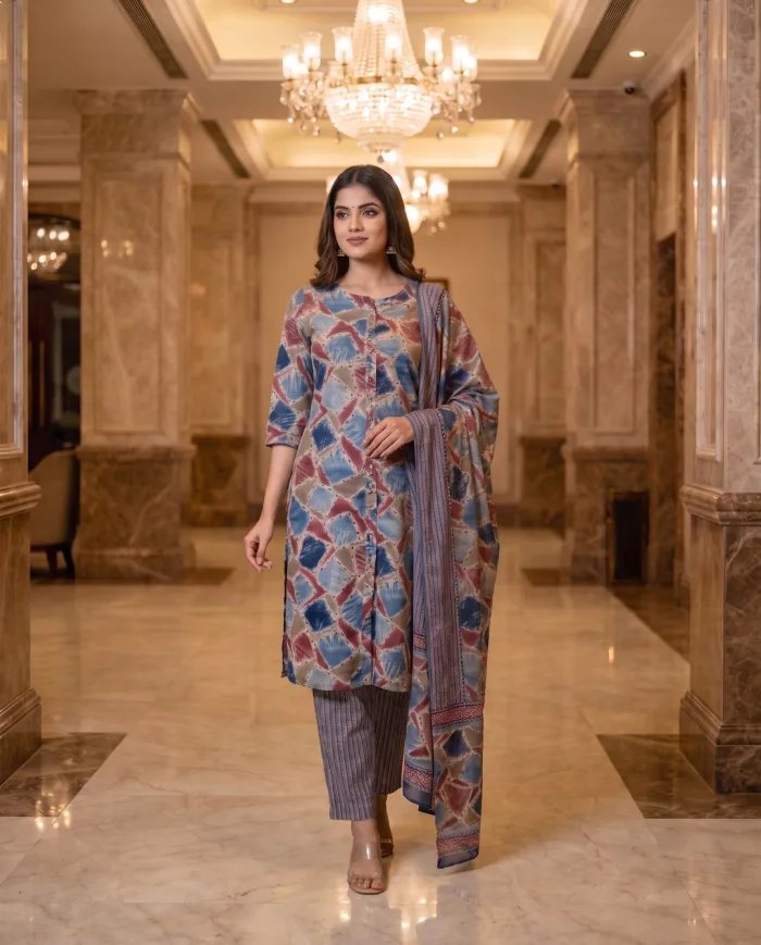 Blue & Maroon Abstract-Print Kurta Set with Dupatta