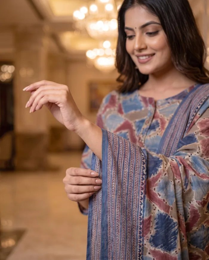Blue & Maroon Abstract-Print Kurta Set with Dupatta