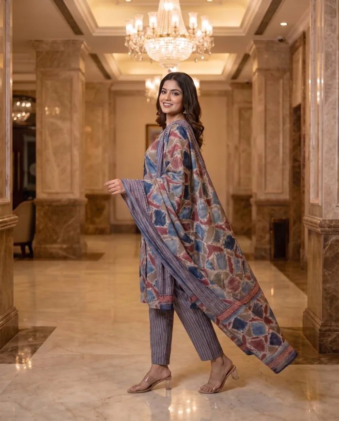 Blue & Maroon Abstract-Print Kurta Set with Dupatta
